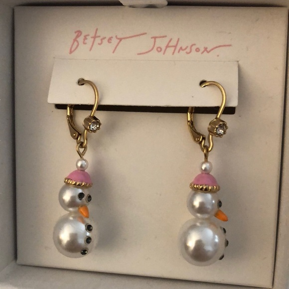Betsey Johnson Gold Tone White Faux Pearl Snowman Drop Earrings Crystal NIB - Picture 4 of 12